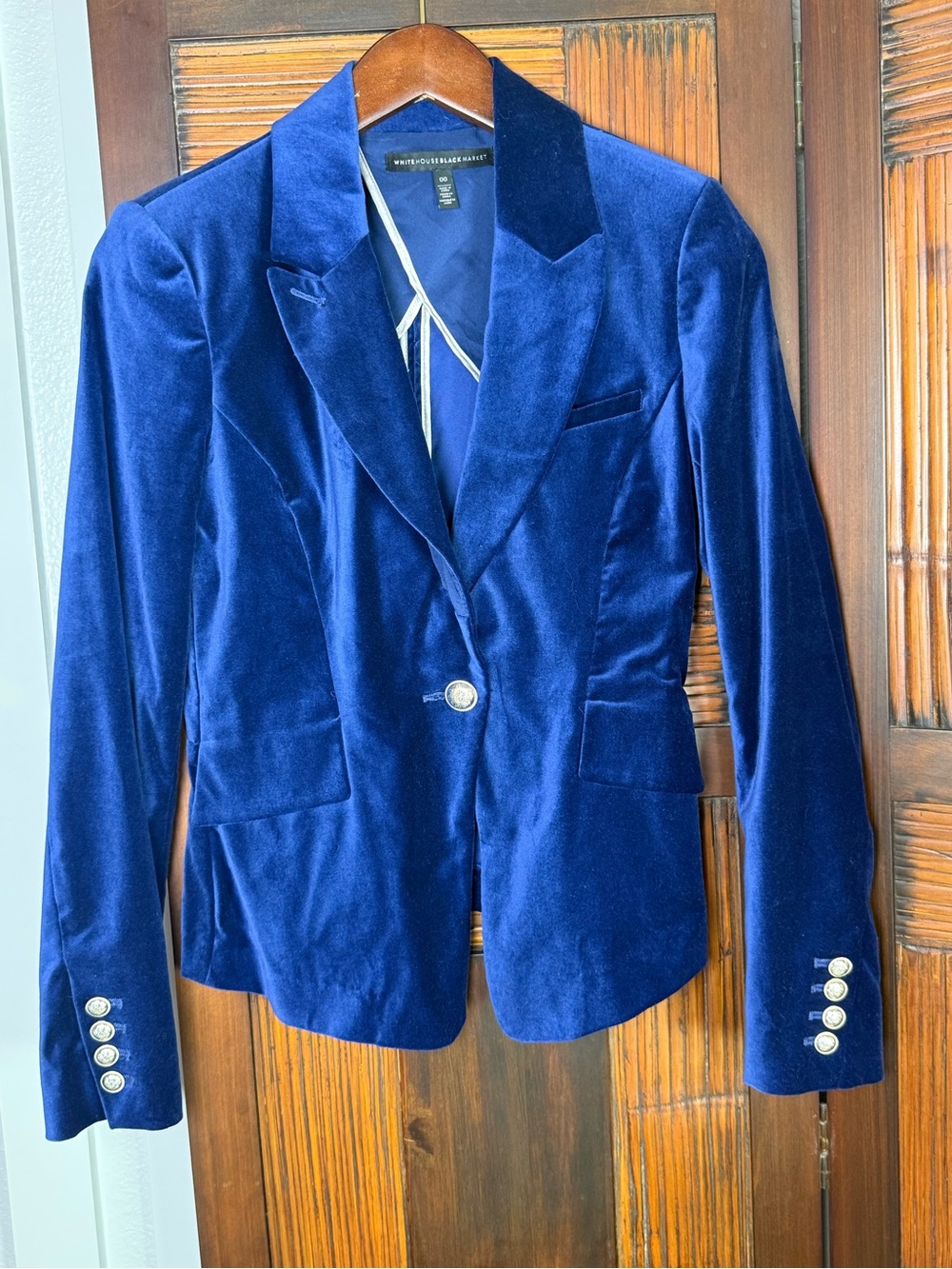WHBM White House Black Market Navy Blue Velvet Blazer Gold Button Jacket Size 00 - Picture 2 of 13